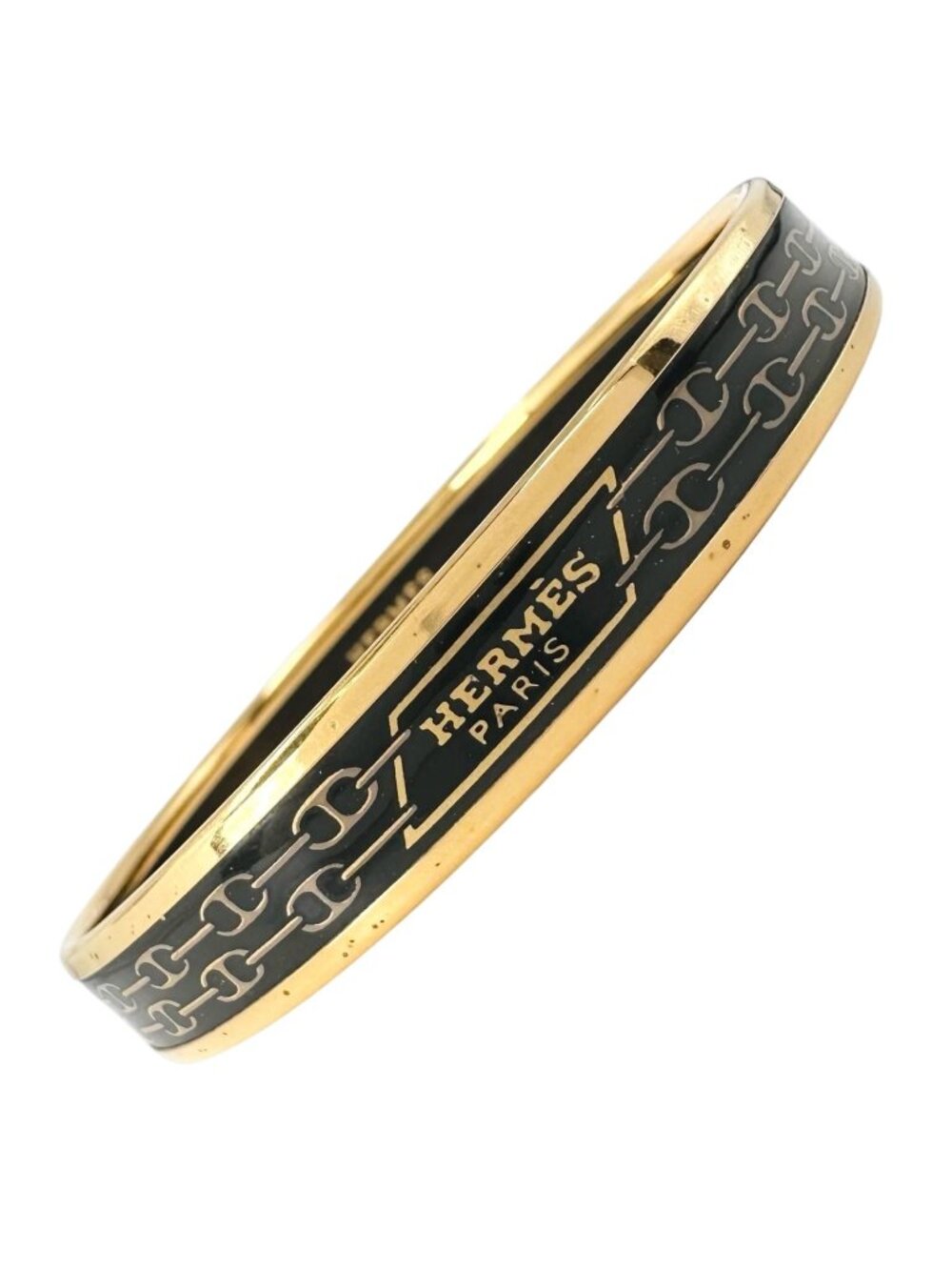 Hermes Enamel Chaine D'ancre Metal Gold Black Bangle Bracelet